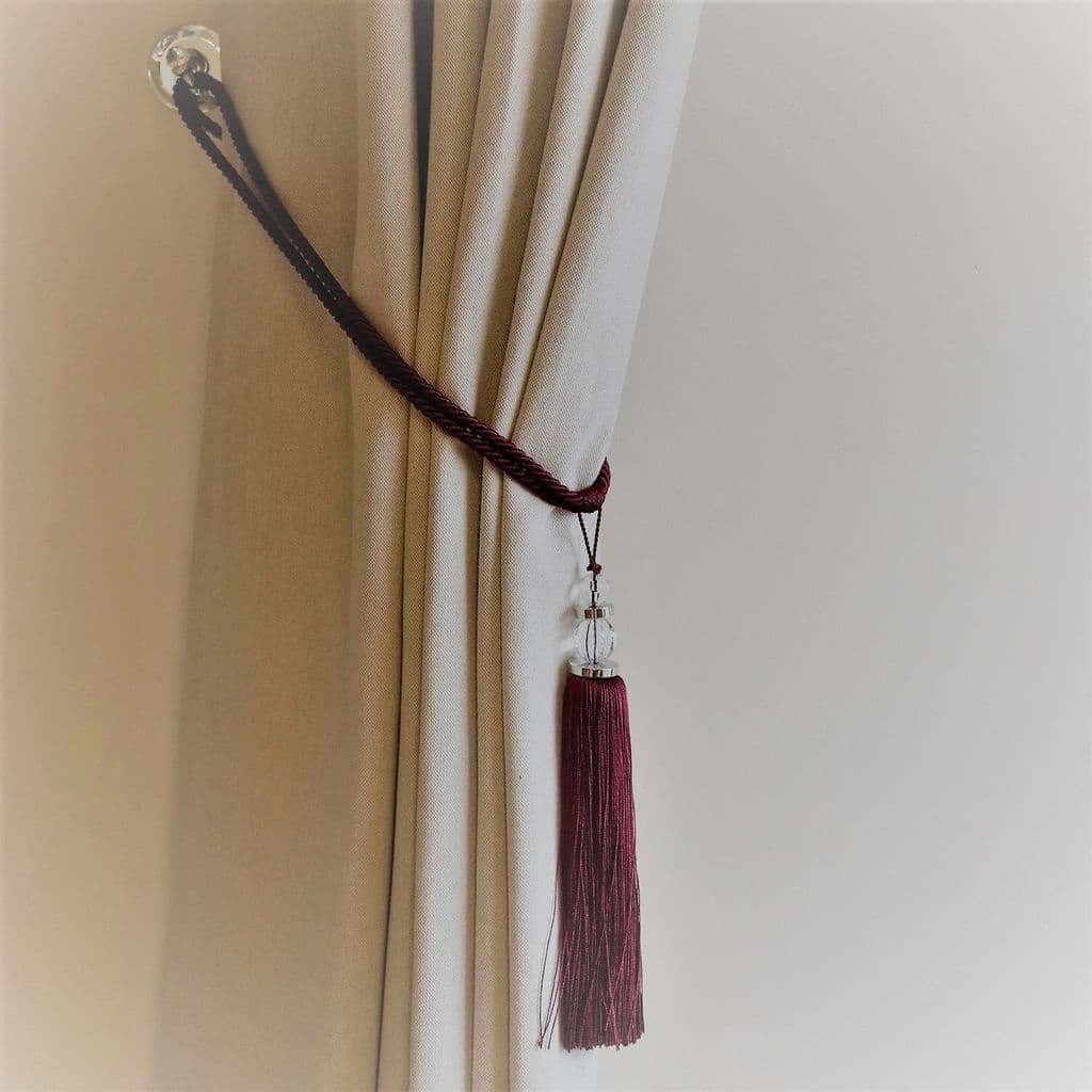 2 Deasia Beaded Curtain Tiebacks Wine Red Chrome Tie Backs Fabric Ropes